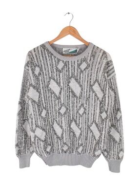 Vintage 90s Silver Geometric Textured‎ Abstract Sweater Size Large Pullover